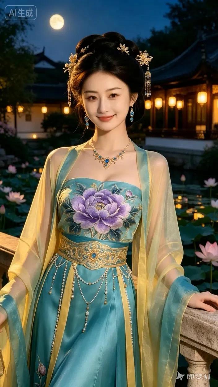 七绝●荷塘赏月灯明院亮荷塘临，月挂高空夜色深。水碧花红香四溢，波光