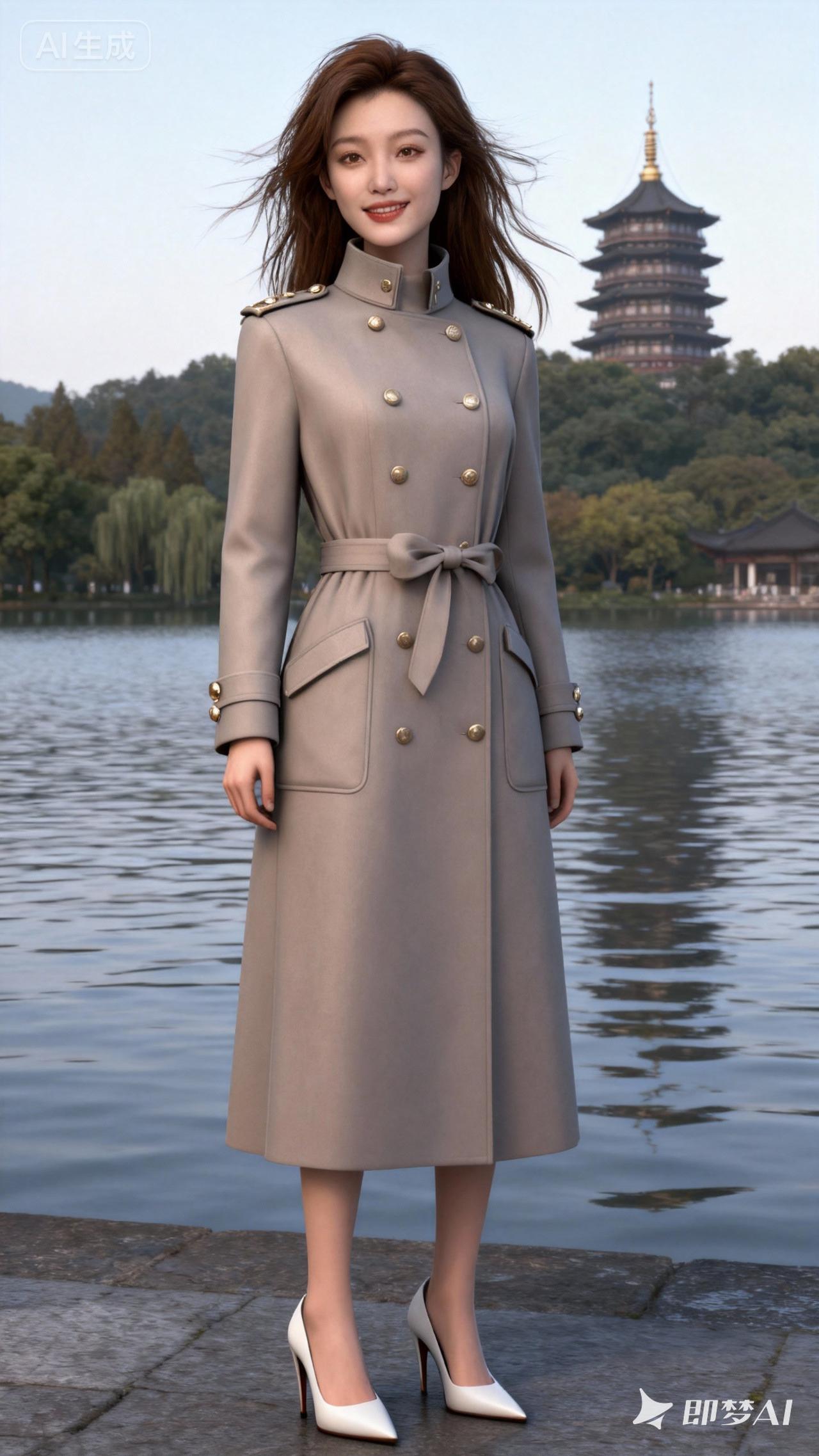 湖畔风姿绰，塔影入画来。