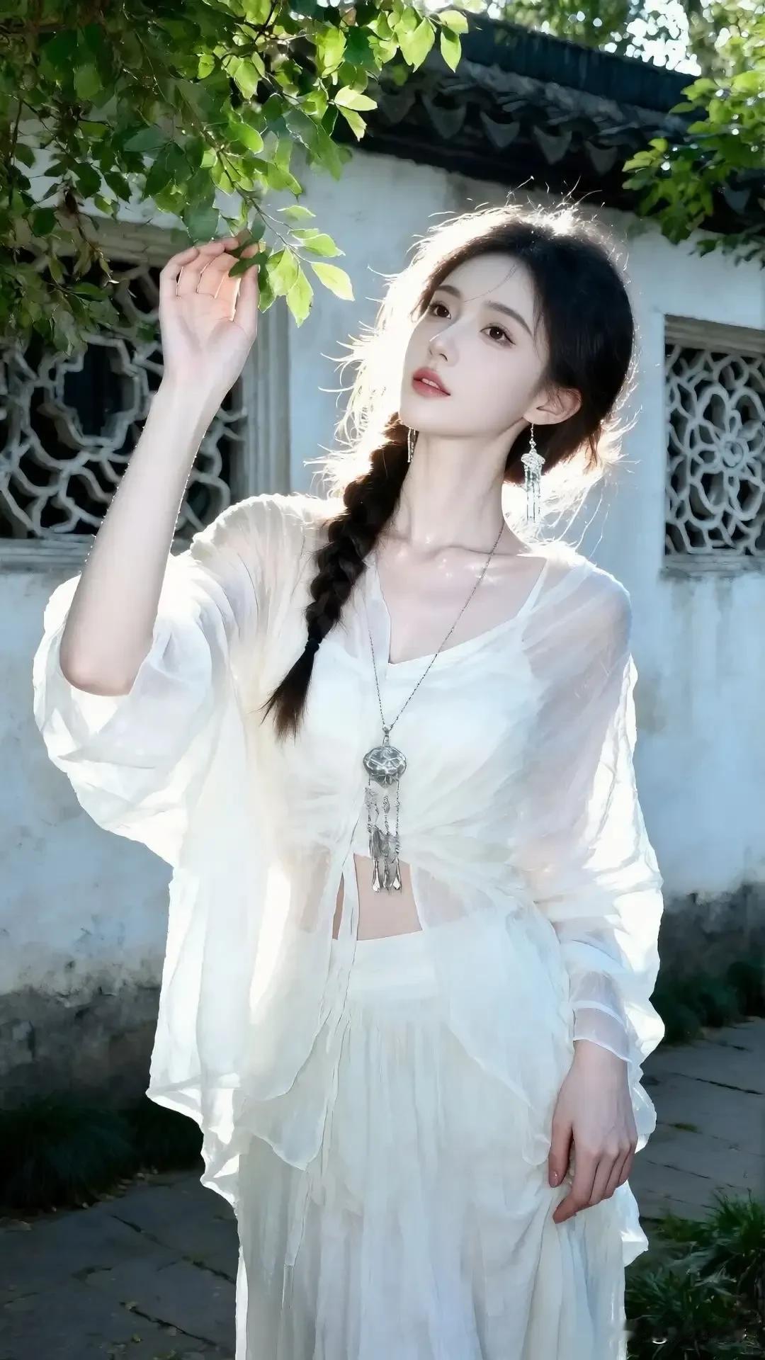 光之影白衣少女，轻抚绿叶，古风韵味，唯美意境。