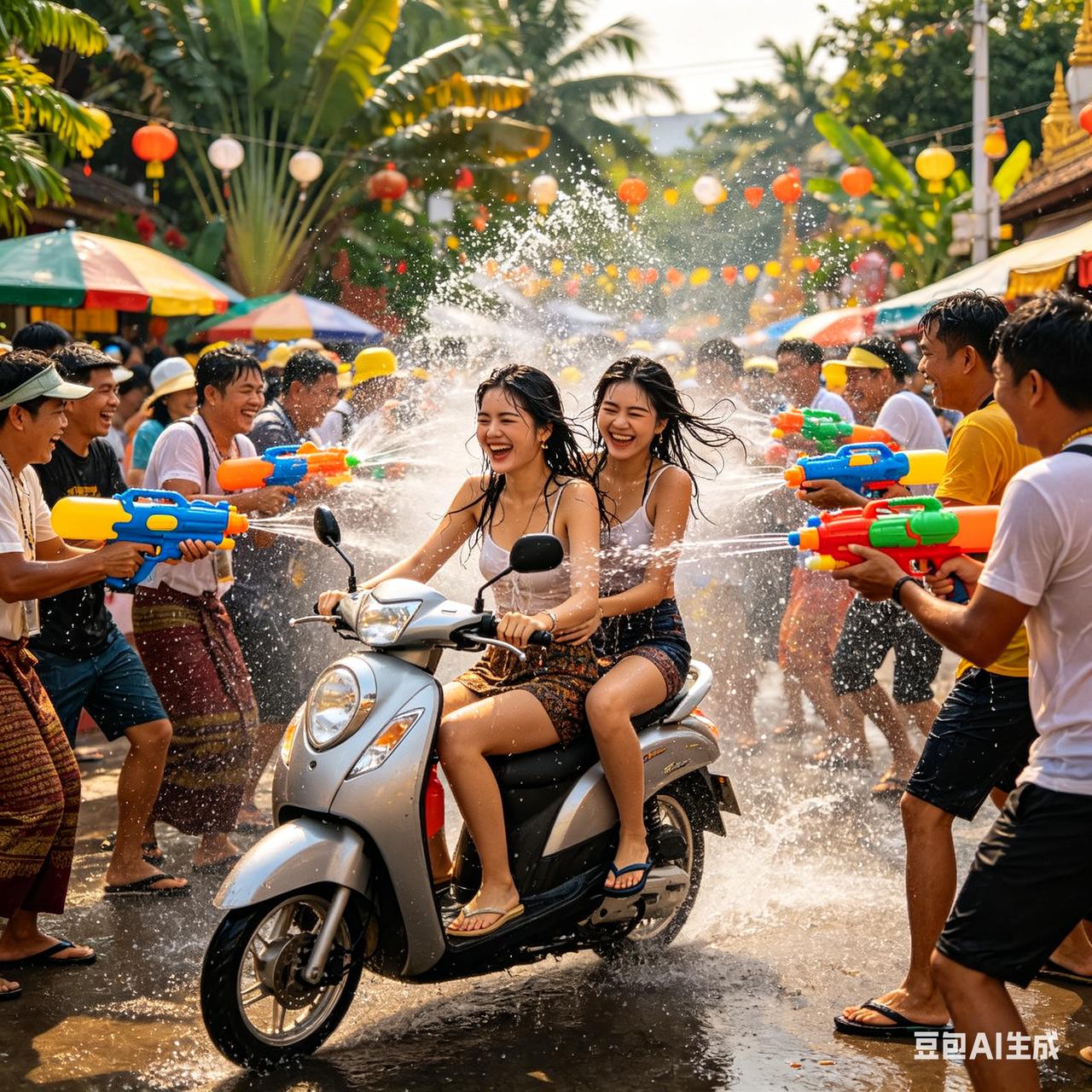 [惊恐]西双版纳泼水节两女子遭围堵喷射泼水节首日，西双版纳景洪星光夜市路段，两
