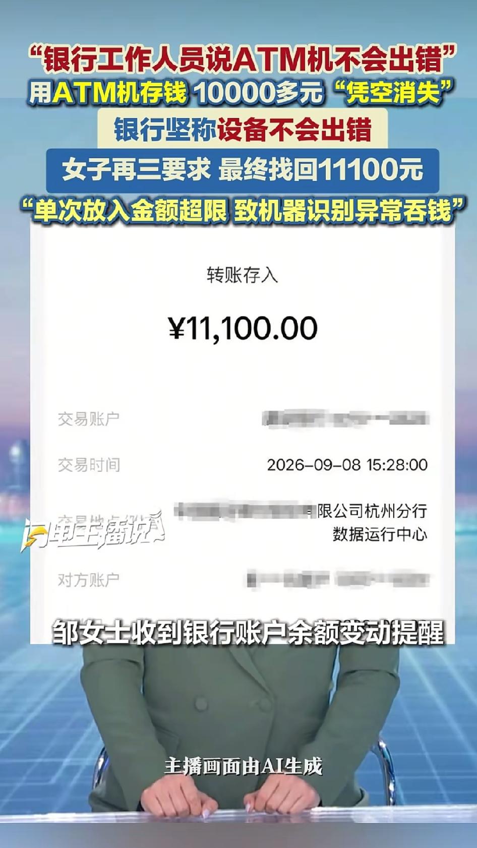 9月8日，邹女士到银行ATM存现金，一次性把多叠钞票放进机器，钱被吸进去了，账户