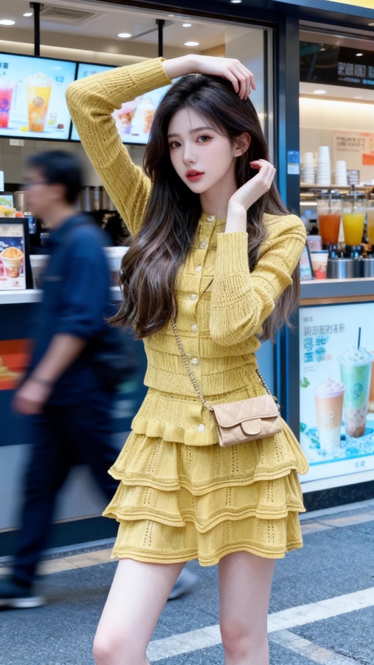 街头甜心风黄色连衣裙yyds小香风穿搭韩风初恋裙