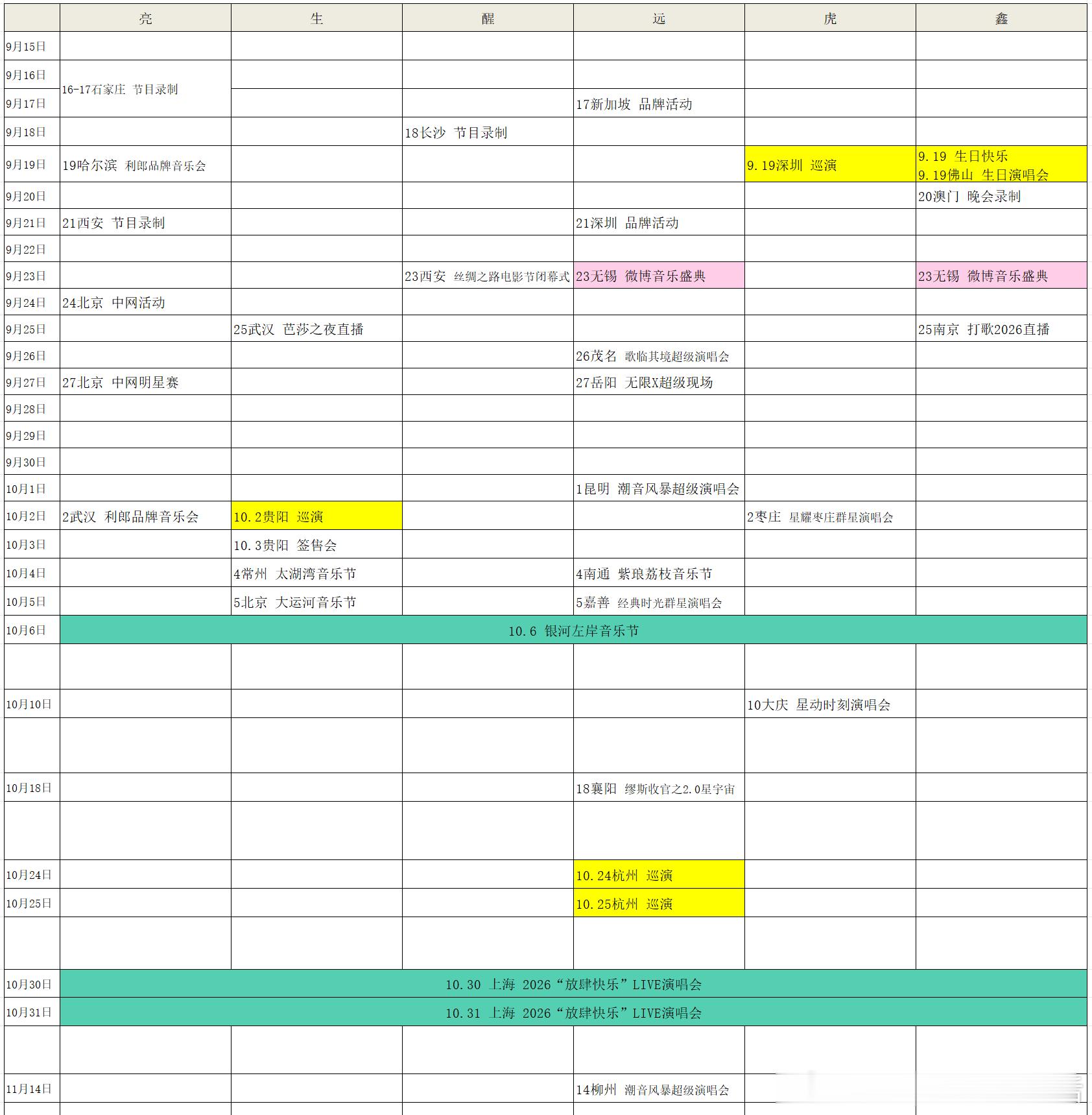 再就业男团行程图更新啦～（9.15）新增：醒，全员全员10.30-