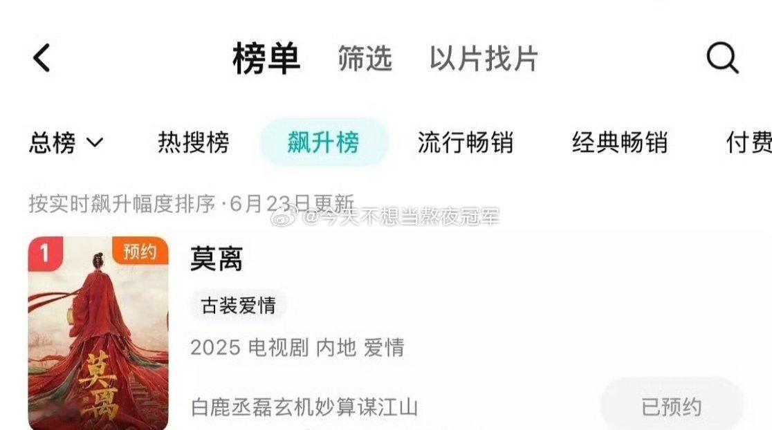 白鹿《莫离》🐧飙升榜登顶了，先导预告也热度破万了[吐舌头眯眼睛笑]这个🍍到哪个平台都扛剧