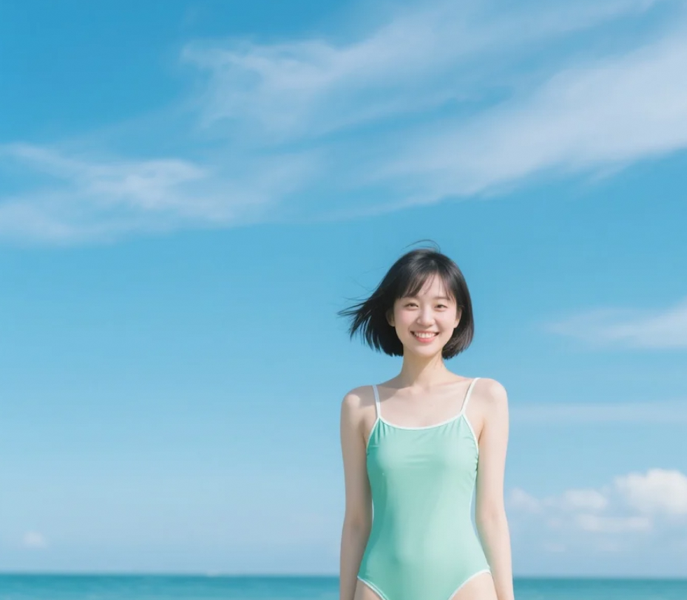 短发也能很温柔，她在海边穿出泳衣的灵魂