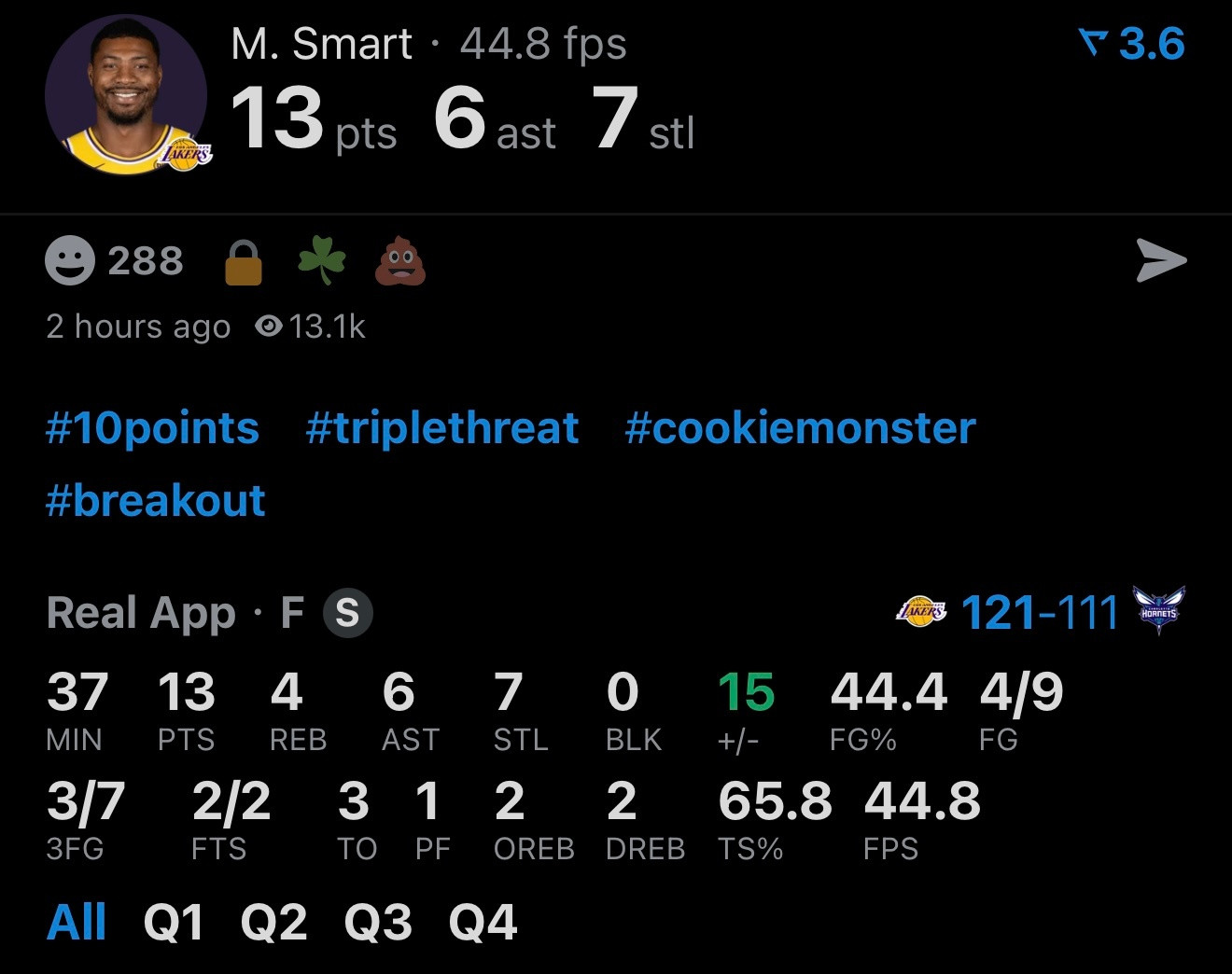 如何评价？今天的斯玛特：9投4中三分球7中3罚球2中213分4篮板6助攻7抢