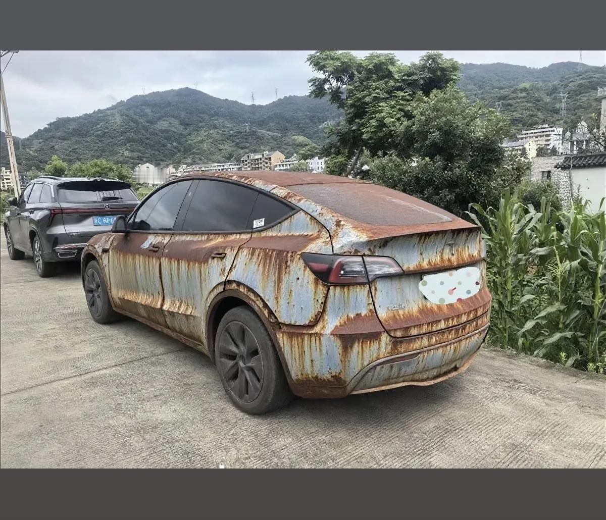 特斯拉车主自成一派[笑着哭]这锈迹斑斑的车身，浓浓的重金属工业风格只是，这