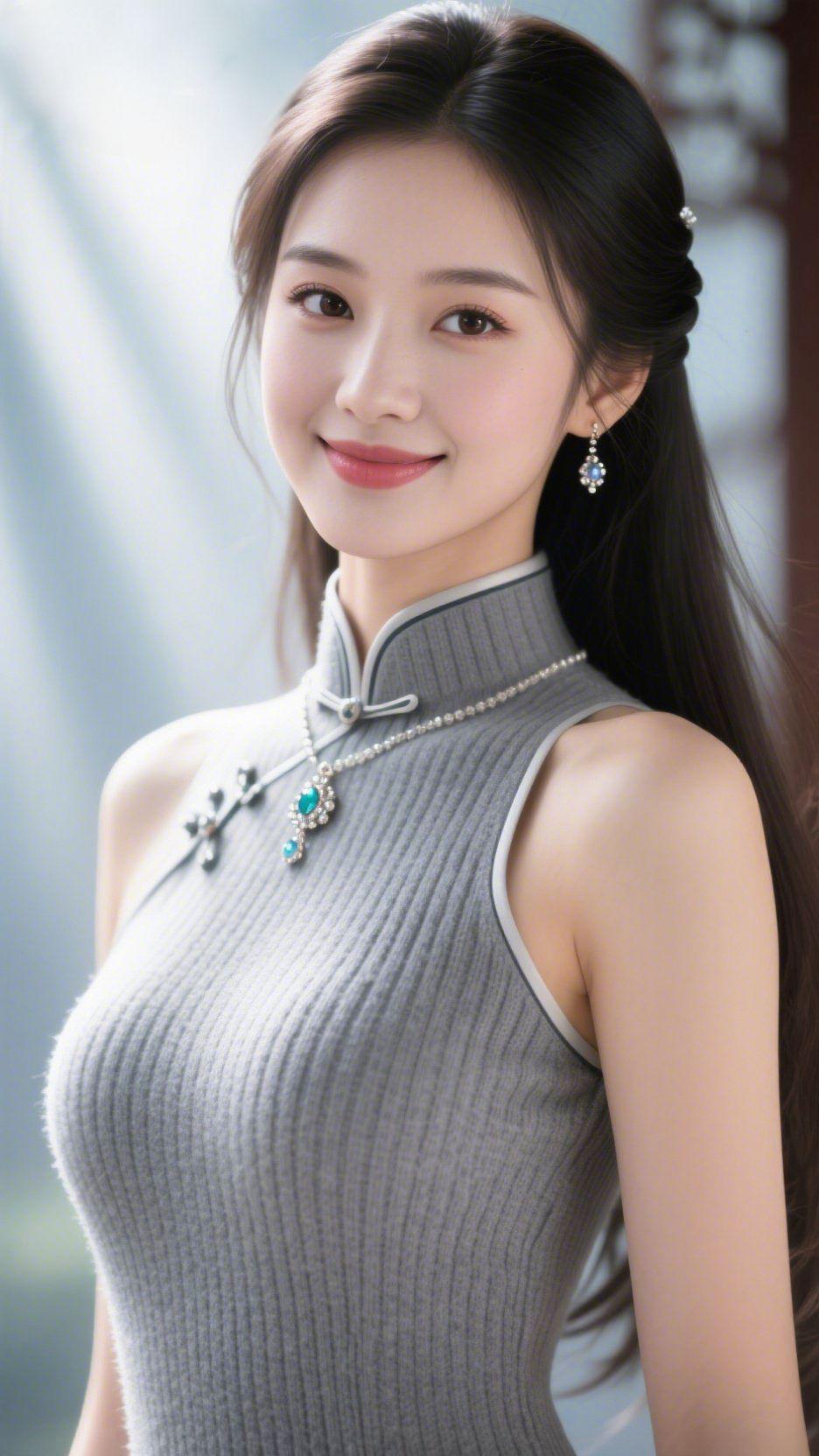 《灰襟柔光衬雅容》柔光轻漫的空间里，她身着灰调旗袍立着，针织纹理舒展得温软