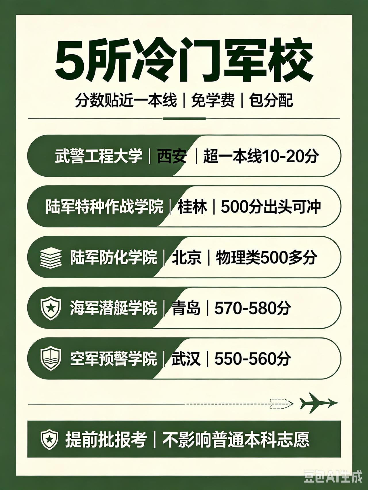 标题：5所冷门军校！分数贴近一本线，免学费，毕业授少尉包分配很多家长只盯着国防
