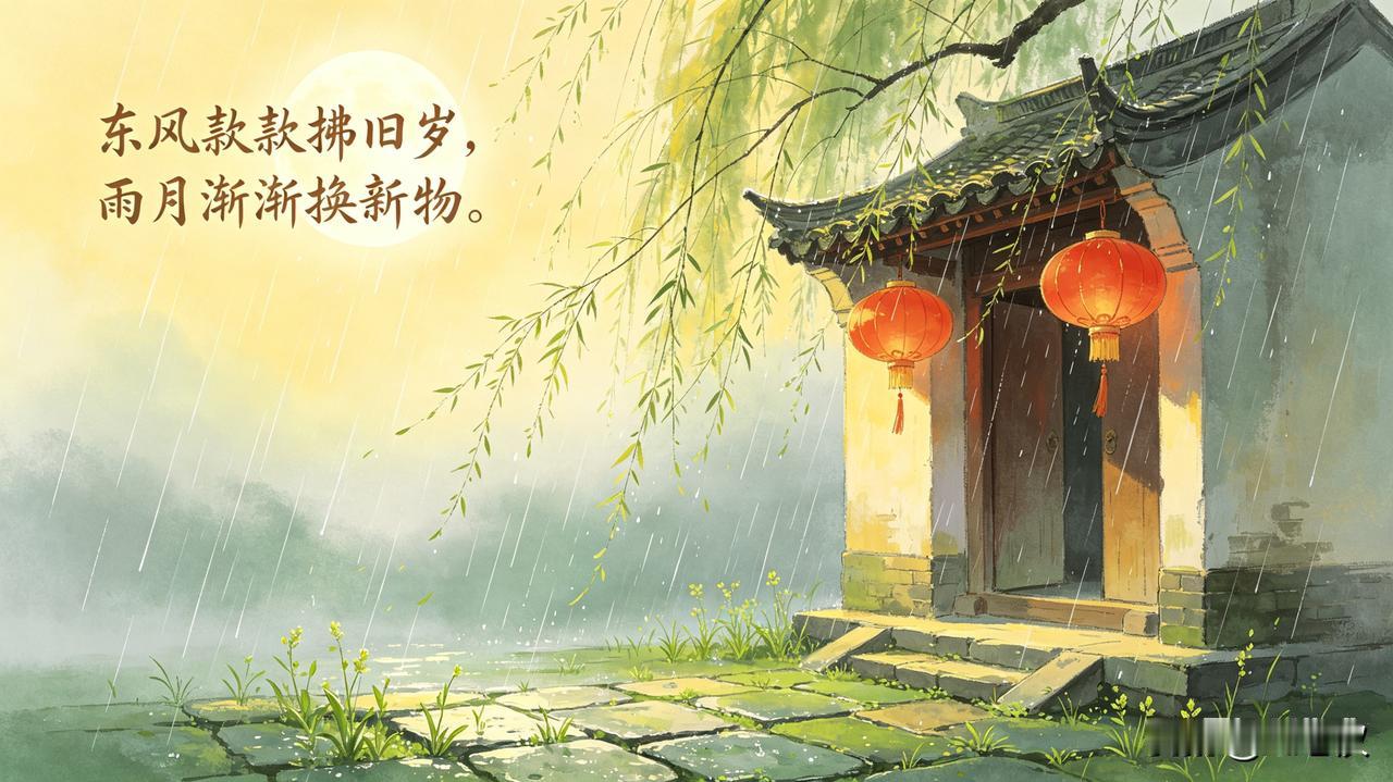 上联：东风款款拂旧岁下联：雨月渐渐换新物