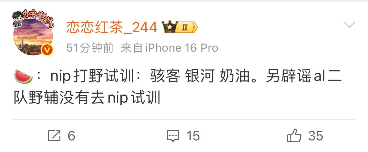 恋恋红茶爆料NIP打野试训名单：骇客，银河，奶油，另外辟谣al二队野辅没有去ni