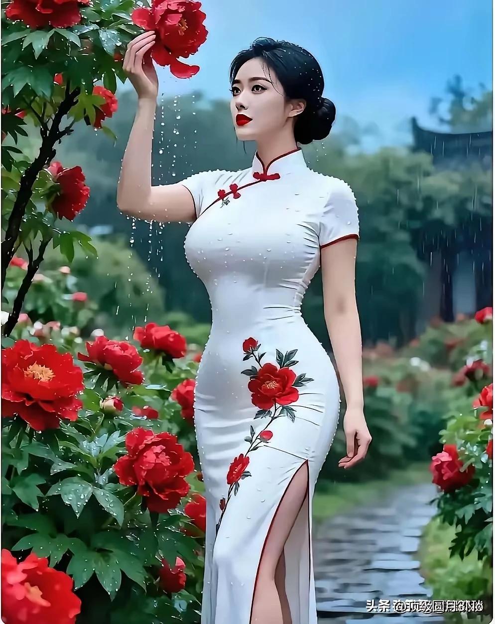 锦缎旗袍衬玉容，轻移莲步韵千重。东方雅韵天然态，国色天香倾人城。