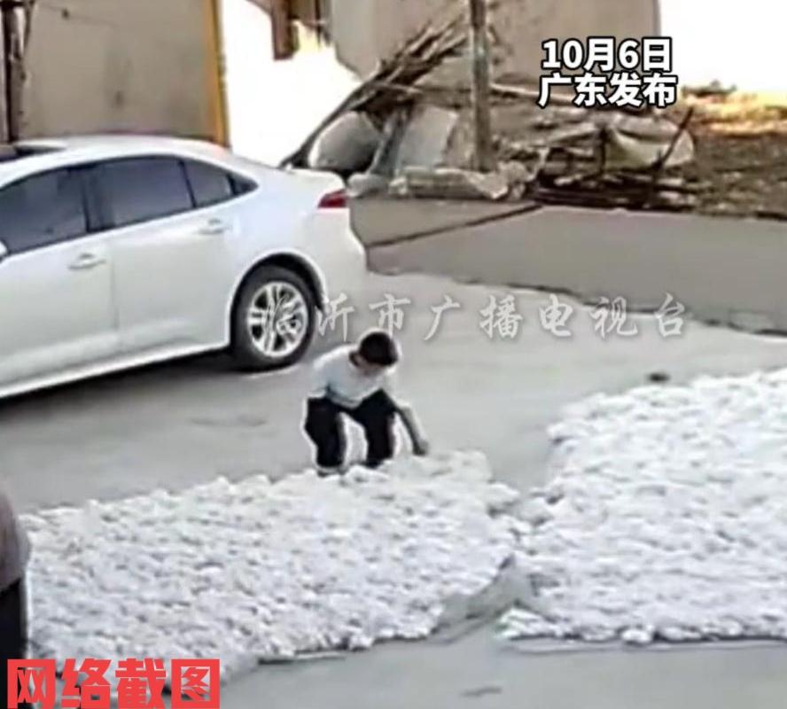 广东有小男孩在院落里独自玩耍。只是此时在小男孩玩耍院落的空地上铺晒着一片棉花