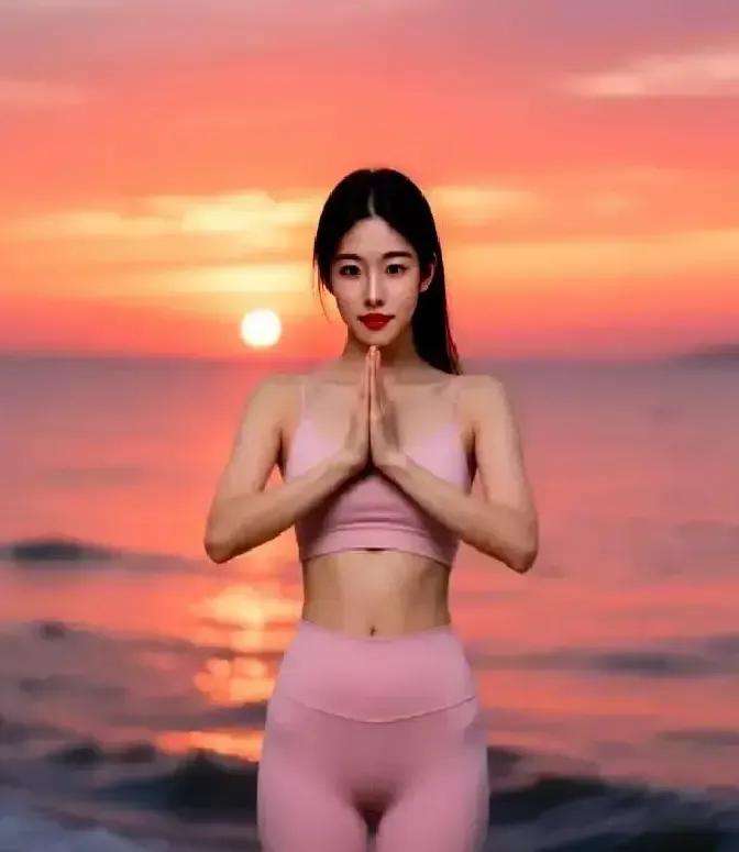 三亚海边一个穿浅色瑜伽服的妹子赤脚站在浪花里，身体慢慢弯成一道弧线，晚霞把她的影