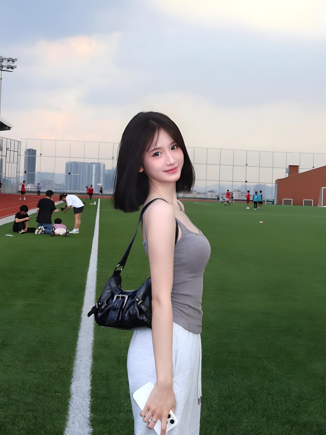 阳光明媚的午后，运动场上少女微笑，青春活力满满！🌞🏃‍♀️💃