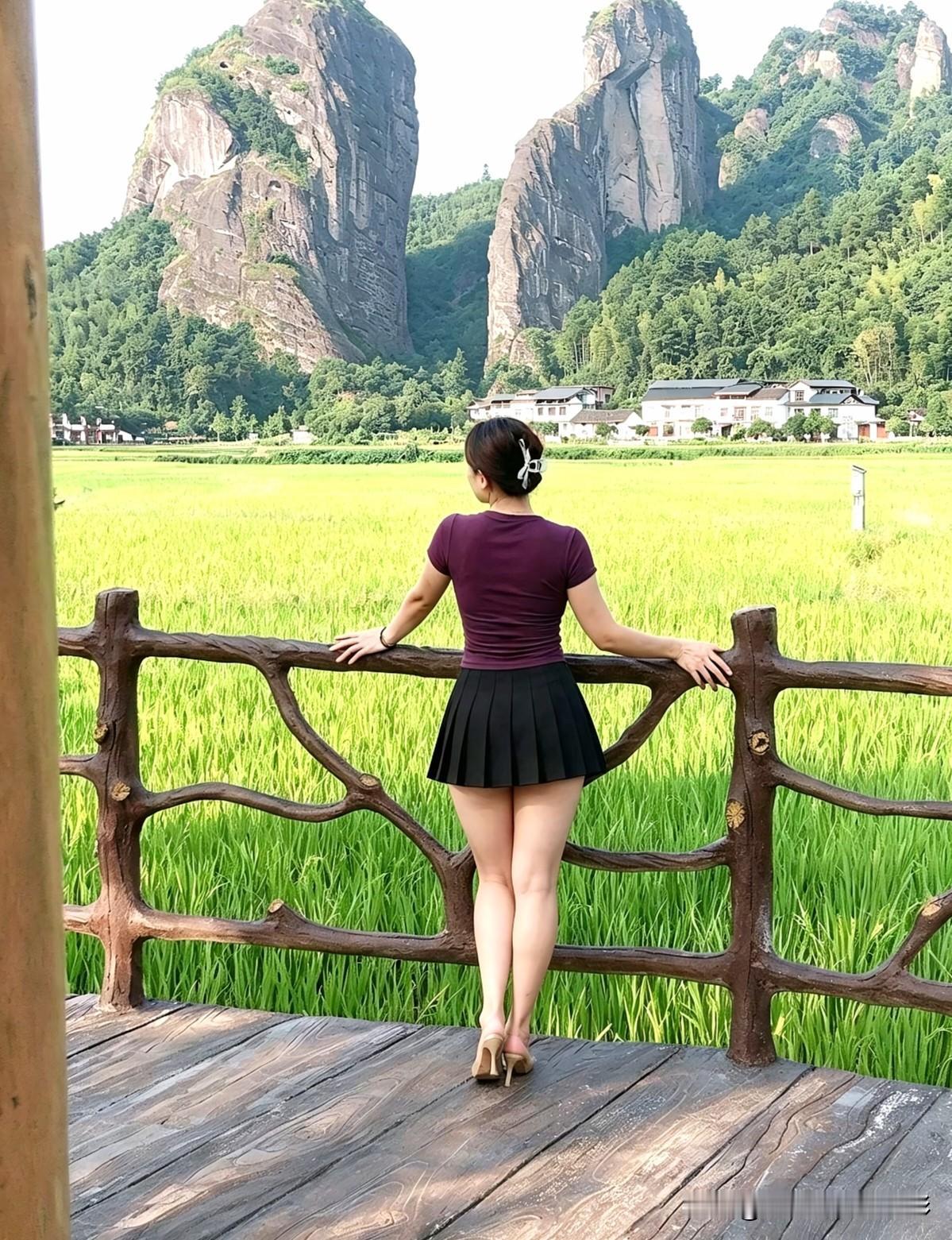 棕衫黑褶步栈轻，盘发斜簪不露睛。雪肤长腿凝眸处，远峰如黛入画屏。