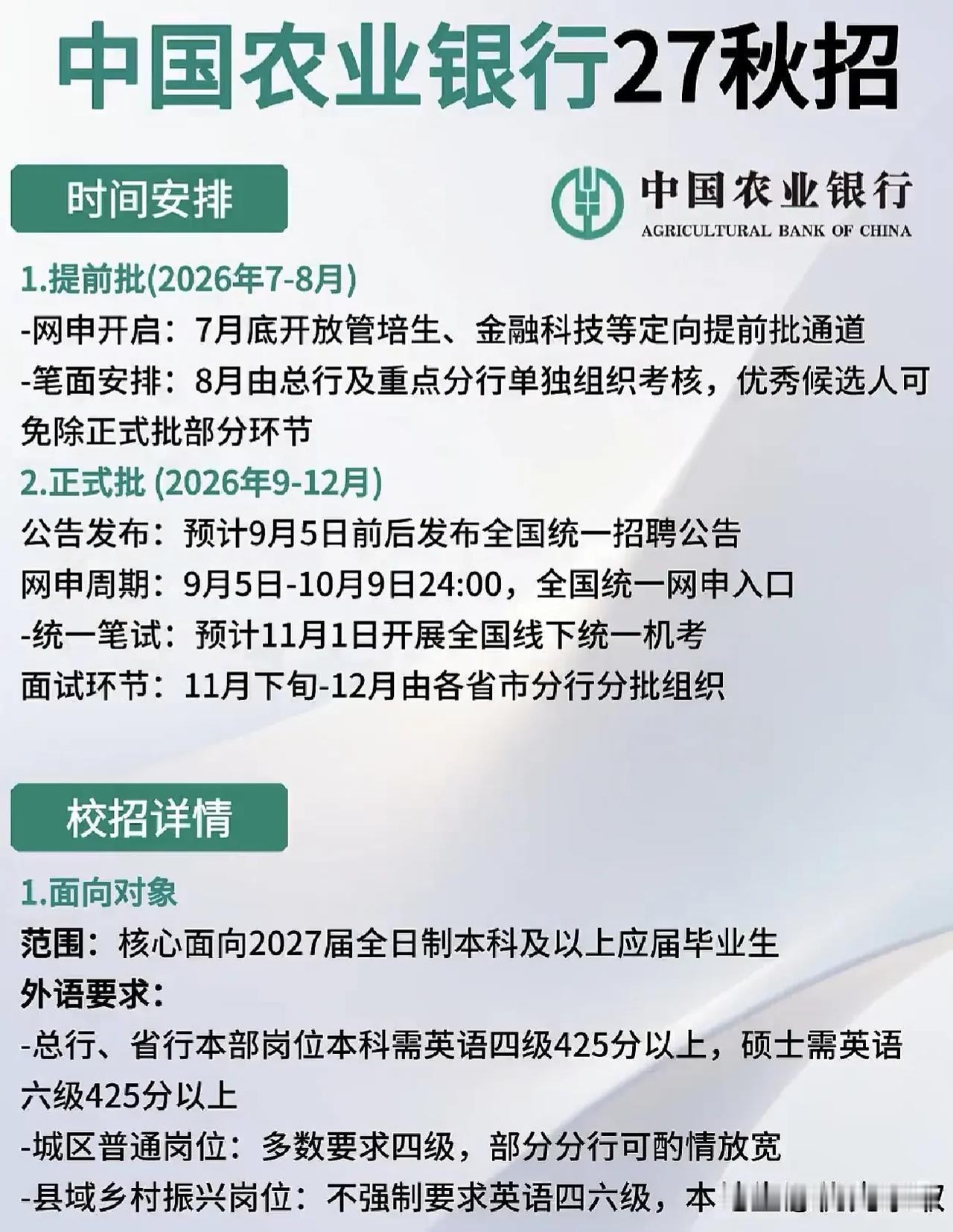 同学们，农业银行2027届校园招聘已经排上日程，这可是国有大行里给应届生机会非常