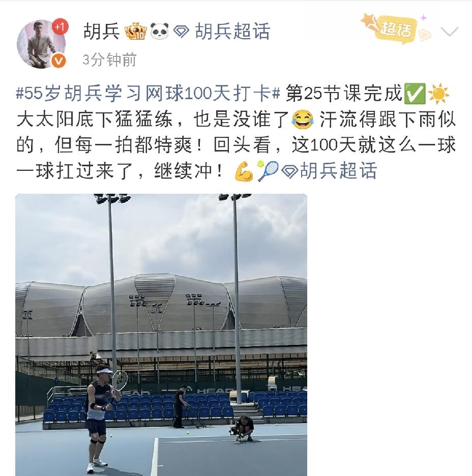 胡兵，太拼了[捂脸哭]8月20日上午，胡兵在社交平台晒出练网球的视频，看完真