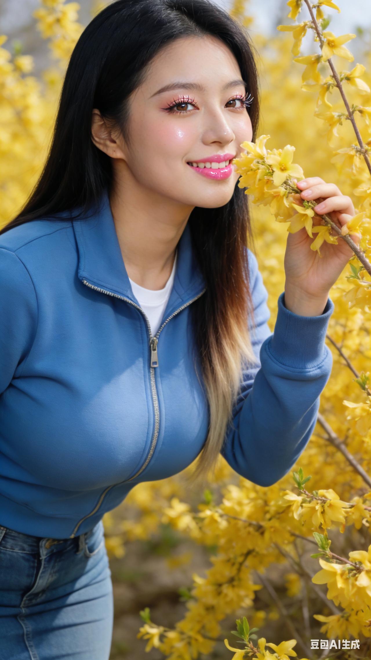 温柔甜美的丰满中国美女，鹅蛋脸肌肤白皙。杏眼亮妆，唇釉粉嫩含笑，黑长直渐变棕发。