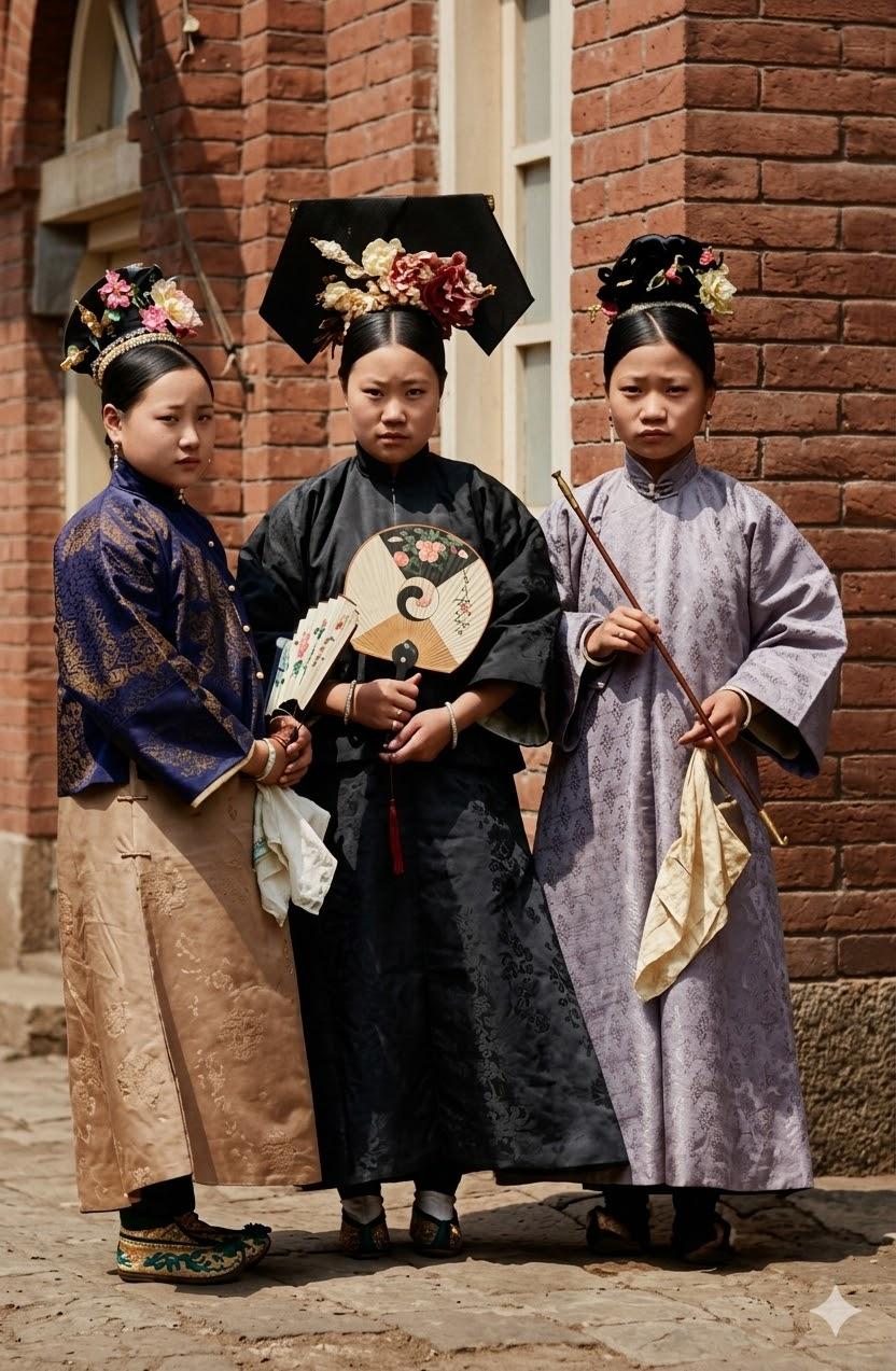 清末北京，三位满族旗人姑娘的合影。中间那位戴着夸张的大拉翅旗头，是典型的满族已