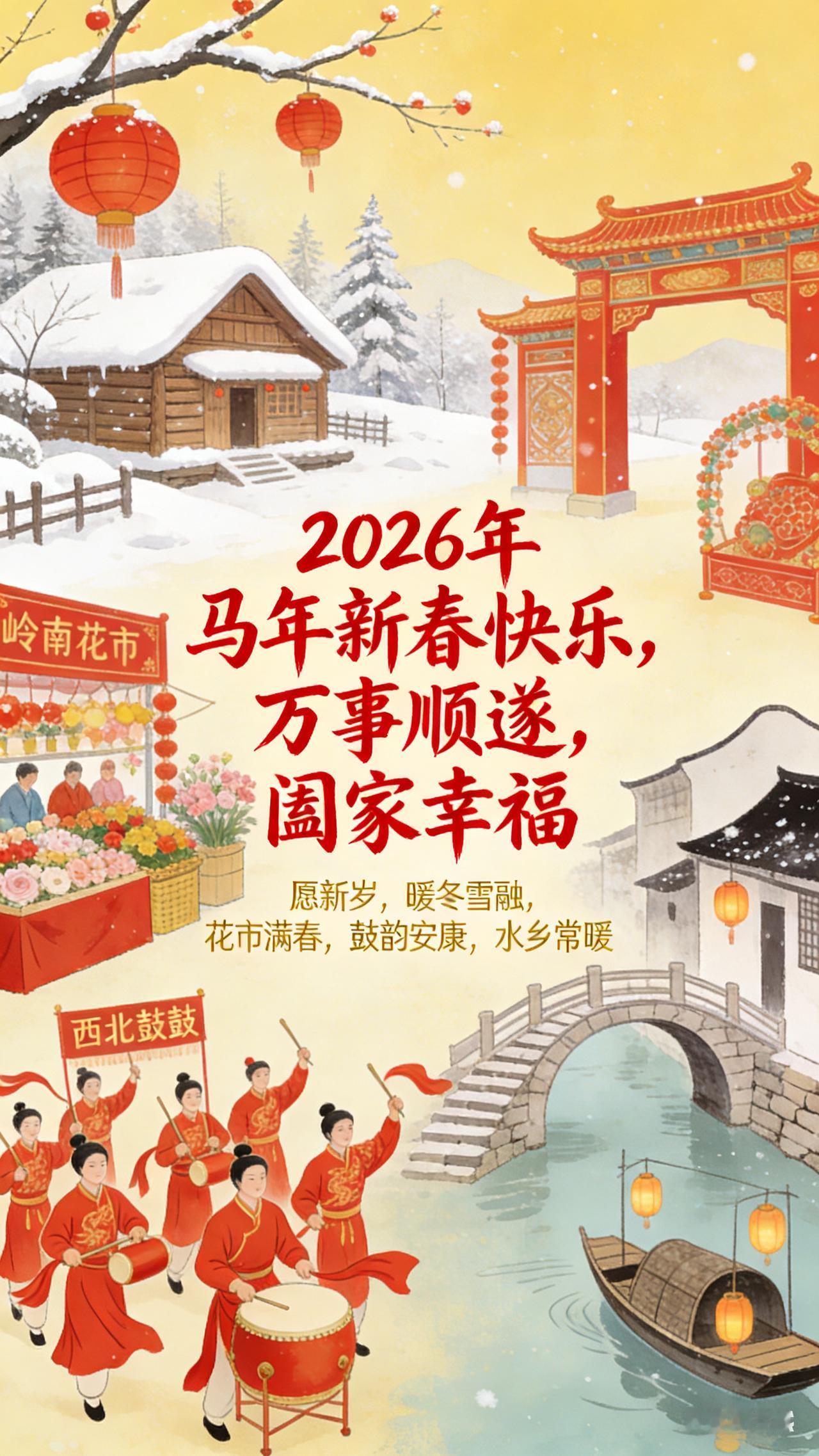 天南地北大拜年新春的钟声即将敲响，天南地北，年味正浓。雪落东北，花开岭南，