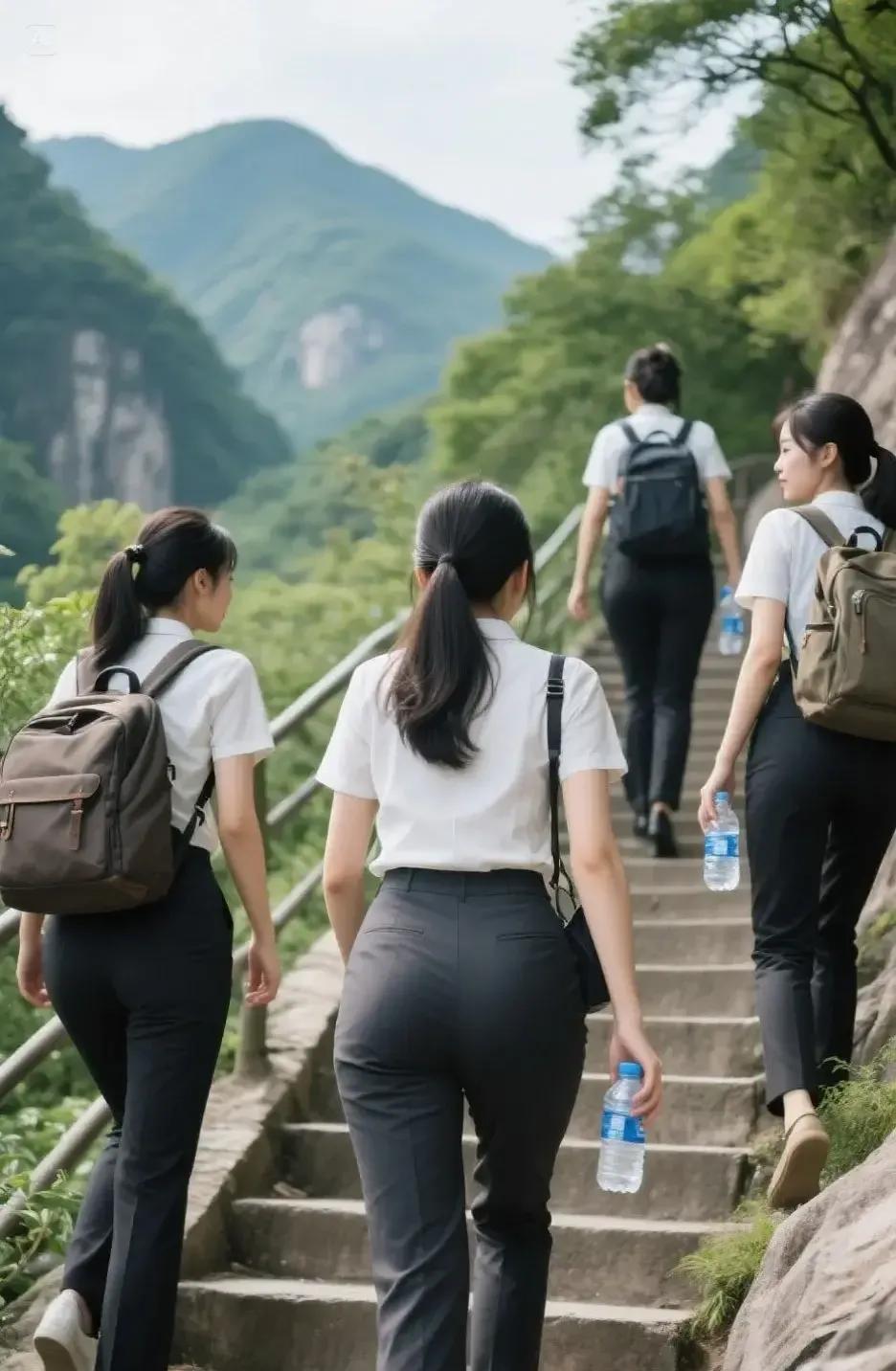 在这幅画面中，几位美女结伴登山。她们身着轻便的运动装，步伐轻盈而坚定。山间的清风