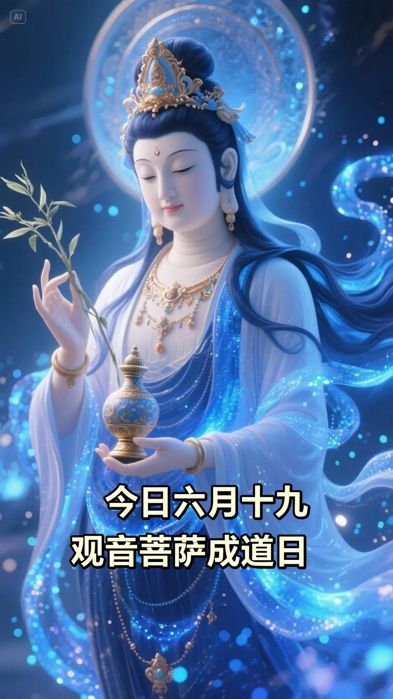 观音菩萨妙难酬，清净庄严累劫修浩浩红莲安足下弯弯秋月锁眉头瓶中甘露常遍