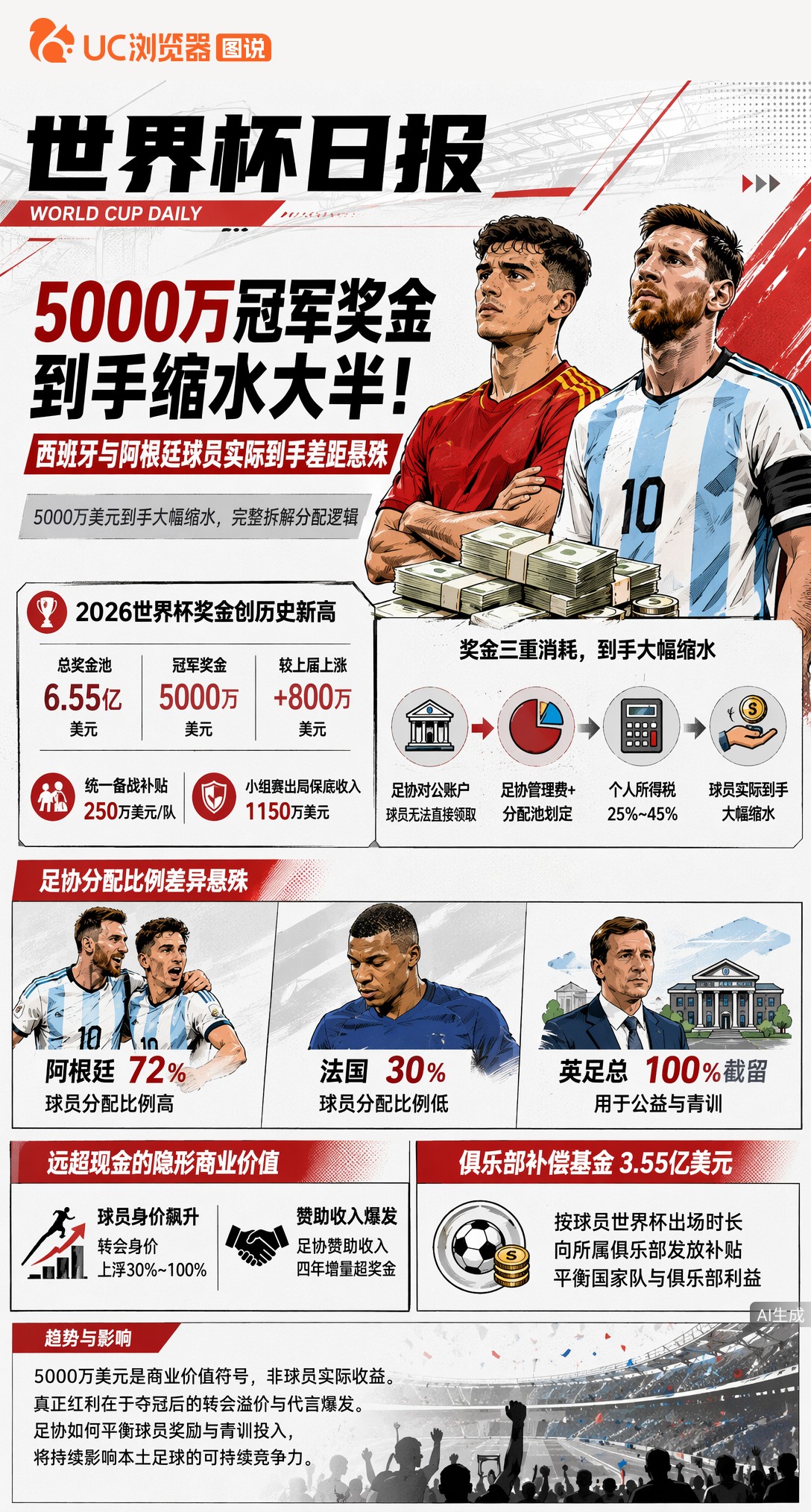 5000万冠军奖金到手缩水大半！西班牙阿根廷球员实际到手差距悬殊
