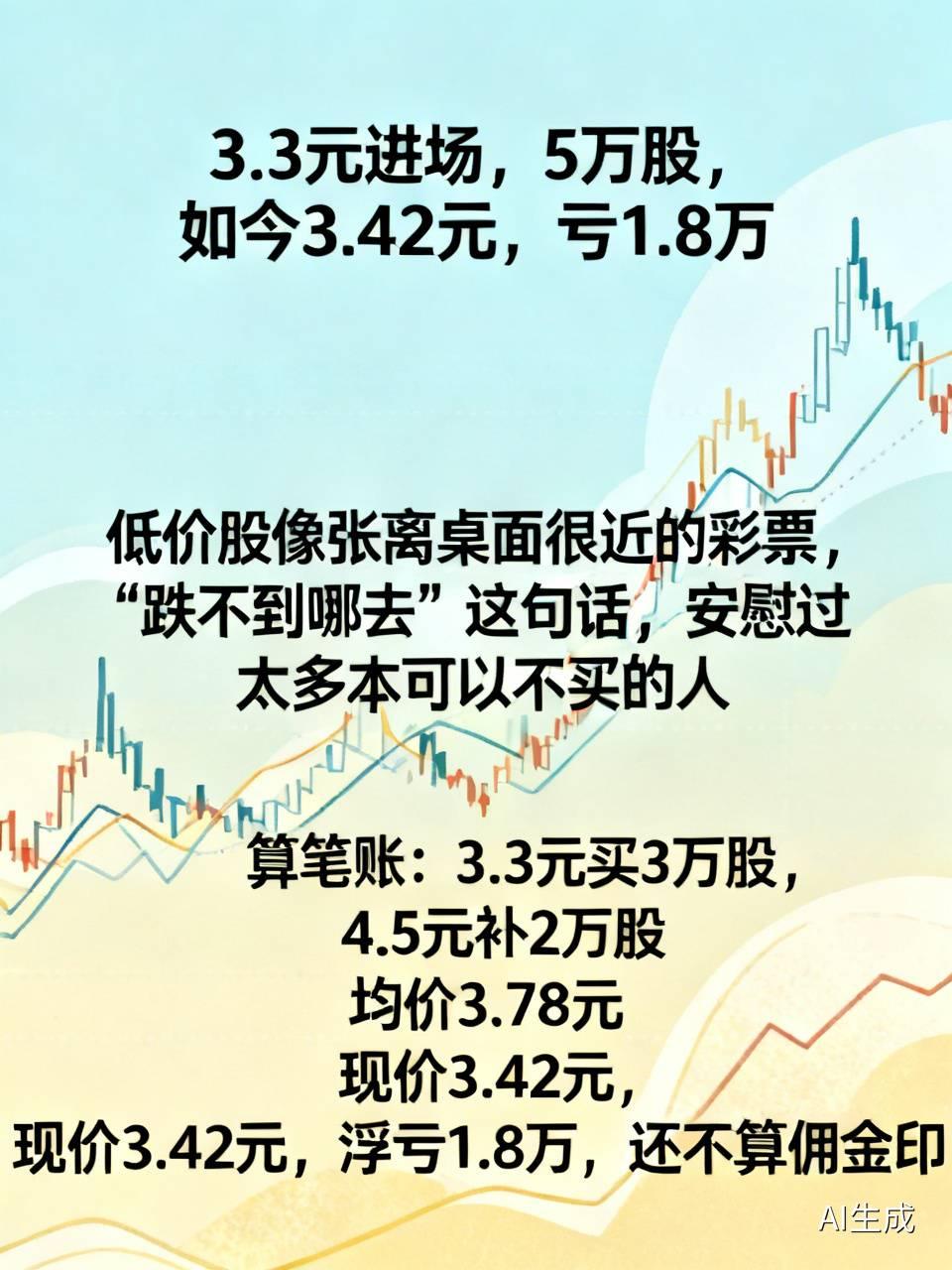 3.3元进场，5万股，如今3.42元，亏1.8万。这故事最扎心的不是没在4.8元