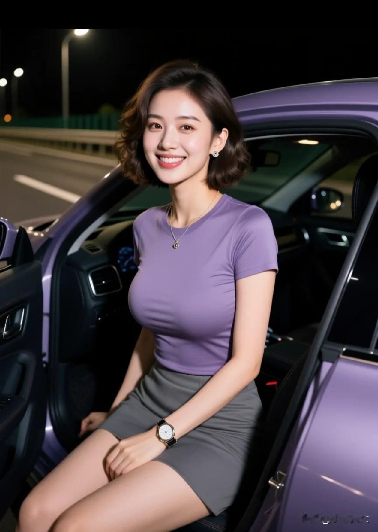 夜色里的紫车像裹了层星光，她笑着倚在车门边——生活哪有什么“太晚出发”，只要愿意