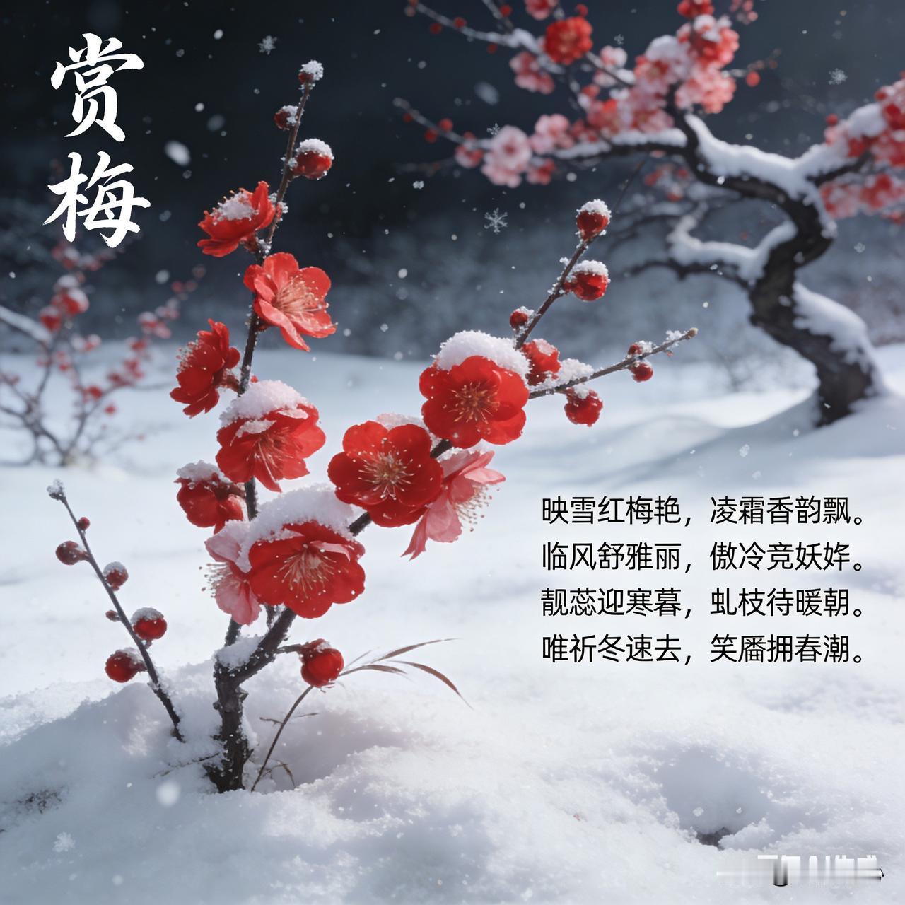 五律《赏梅》乐韵诗心原创诗词:映雪红梅艳，凌霜香韵飘。临风舒雅丽，傲冷竞