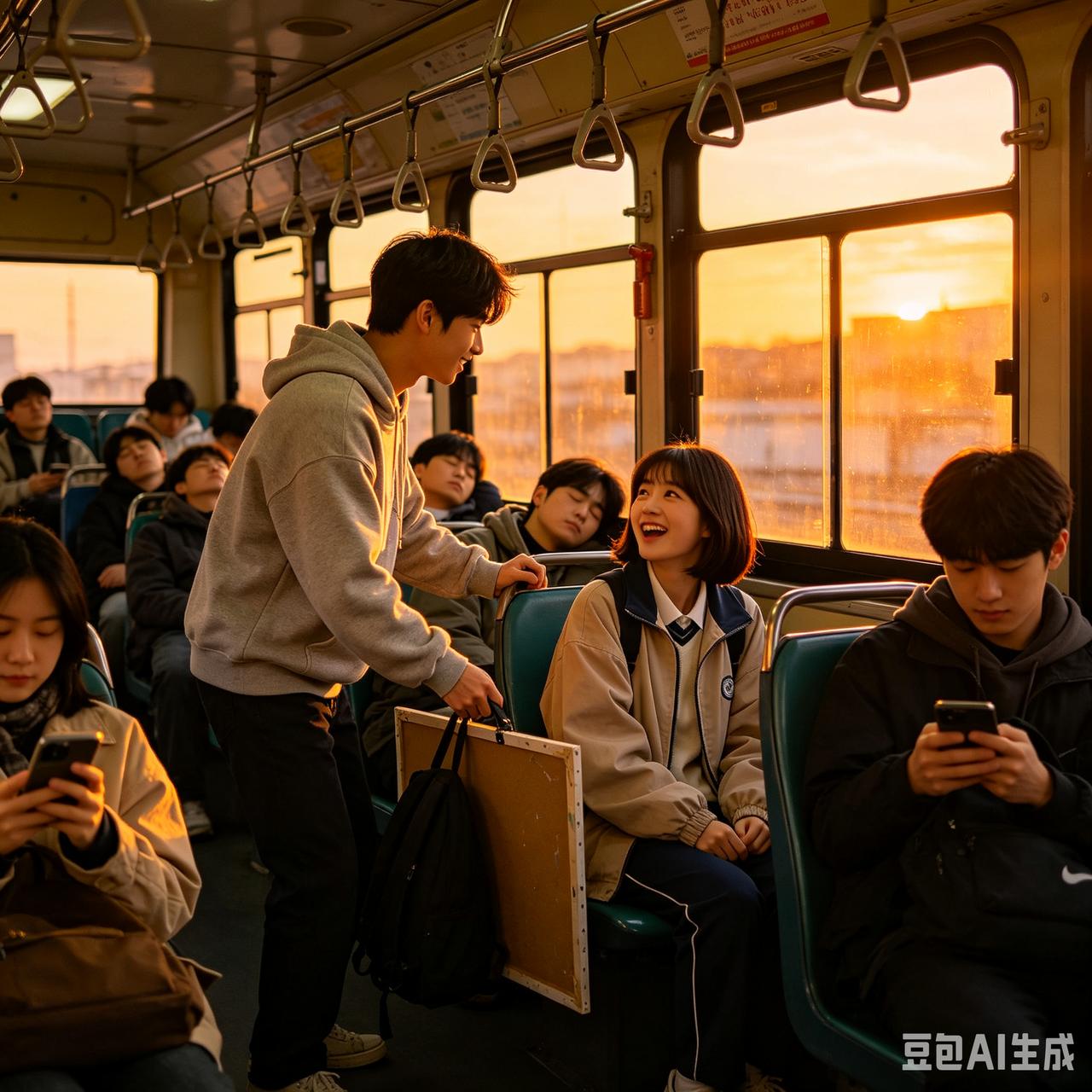 教语文的男教师，姓王，年轻帅气，很逗女学生喜欢。王老师赶公交车，正好还剩一个座位