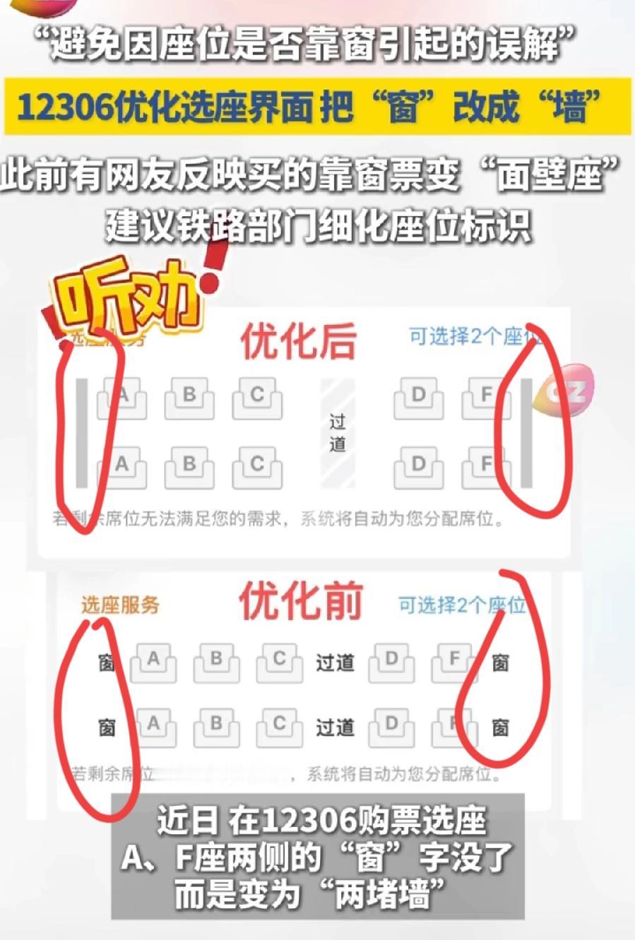 12306高铁选座，A、F靠窗改成靠墙竖杠，因为有些没窗户，避免乘客误会！其实就