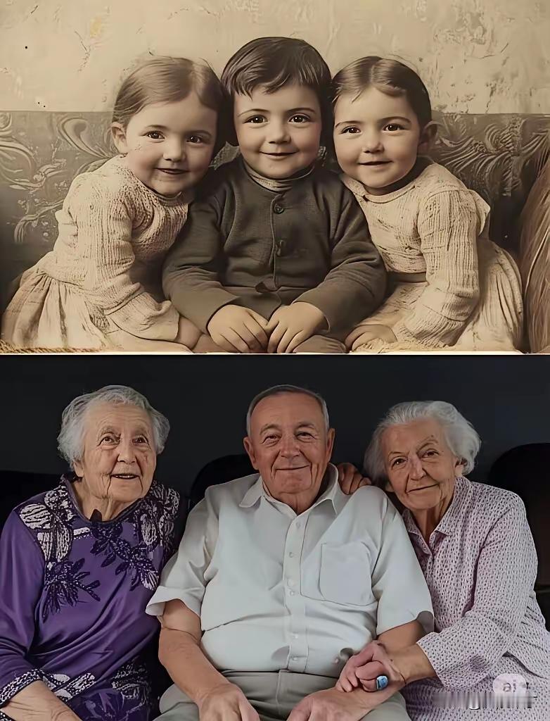 这个是澳大利亚三胞胎的两组照片，第一张是3岁的照片，第二张是今年90岁了，3胞胎