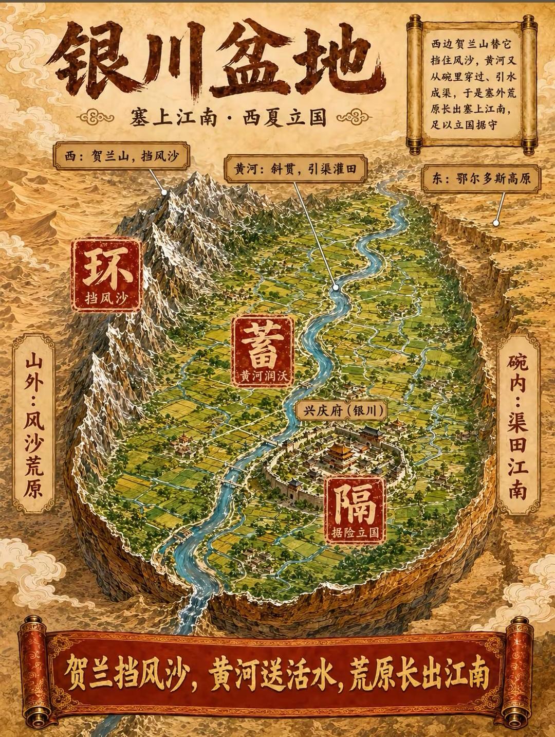 银川盆地的地形真的很有意思，整体是个狭长的断陷冲积平原，南北长差不多165公里，