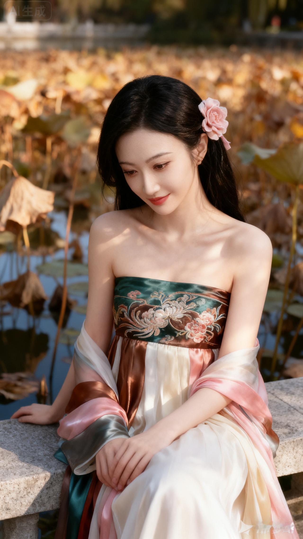 秋日荷塘边，少女轻倚石栏，粉花点缀发间，古风华服飘逸，如诗如画。
