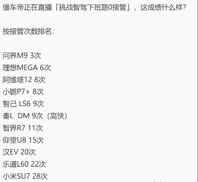 懂车帝直播测试了一众新能源厂家的智驾，图中是各品牌智驾在测试过程中的接管次数数据