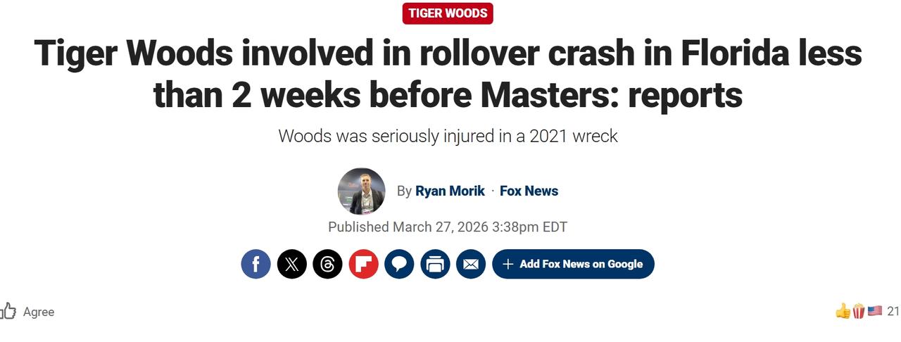 老虎伍兹再次遭遇车祸据多家报道，高尔夫名将老虎伍兹周五在佛罗里达发生车祸。佛