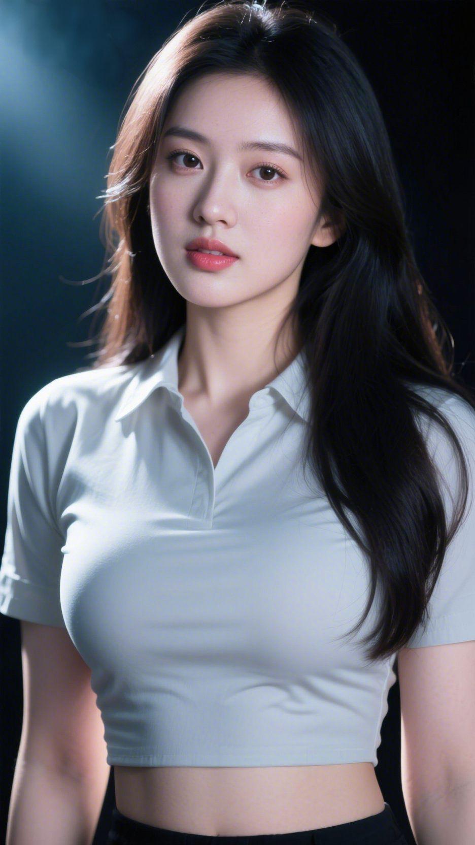 素衫裹尽日常柔暗调背景间，她身着浅白短衫静立，恰似将晨间柔光裁作衣料。