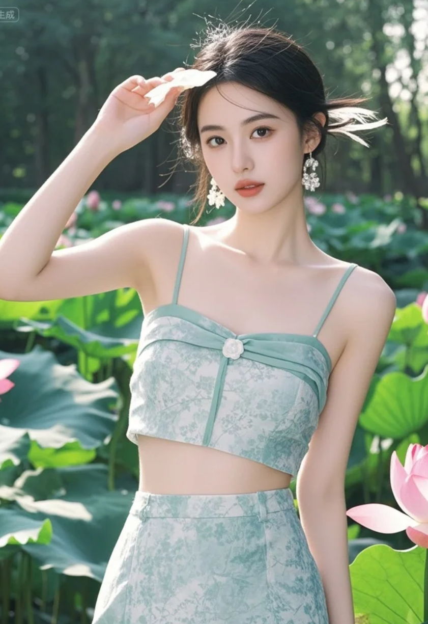 荷风拂面，伊人如画：一池碧水映仙姿
