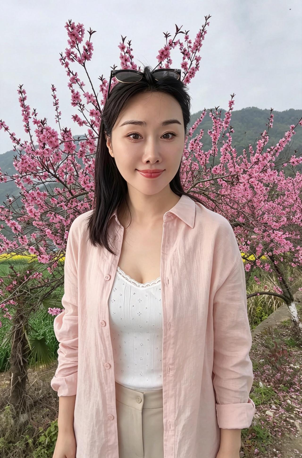 桃花开成漫天云霞你站在花影里粉衬衫的温柔抵得过春日所有的烂漫眉眼带笑，是