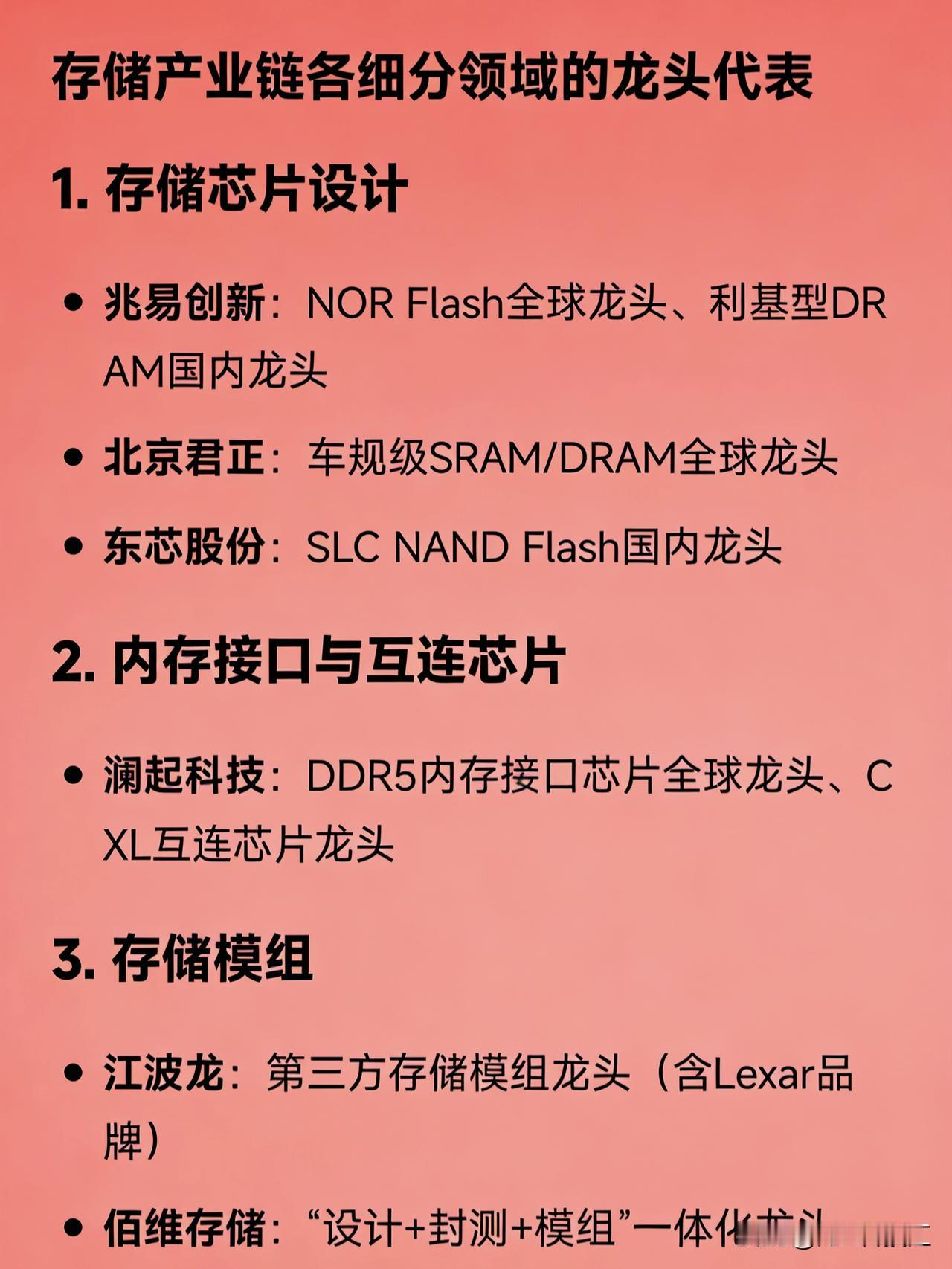 存储产业链各细分领域的龙头代表1.存储芯片设计兆易创新：NORFla