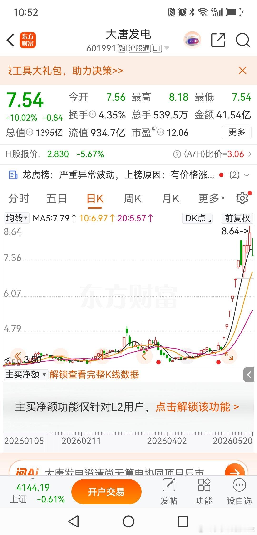 大唐发电每次看到这种走势，我都是特别高兴的，我就特别不喜欢那种打板的，所以当打板