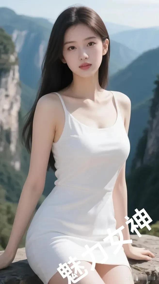 白裙衬着远山青，长发随风意态成。她是山海间的魅力注脚，将柔美与飒爽融于一身，在天