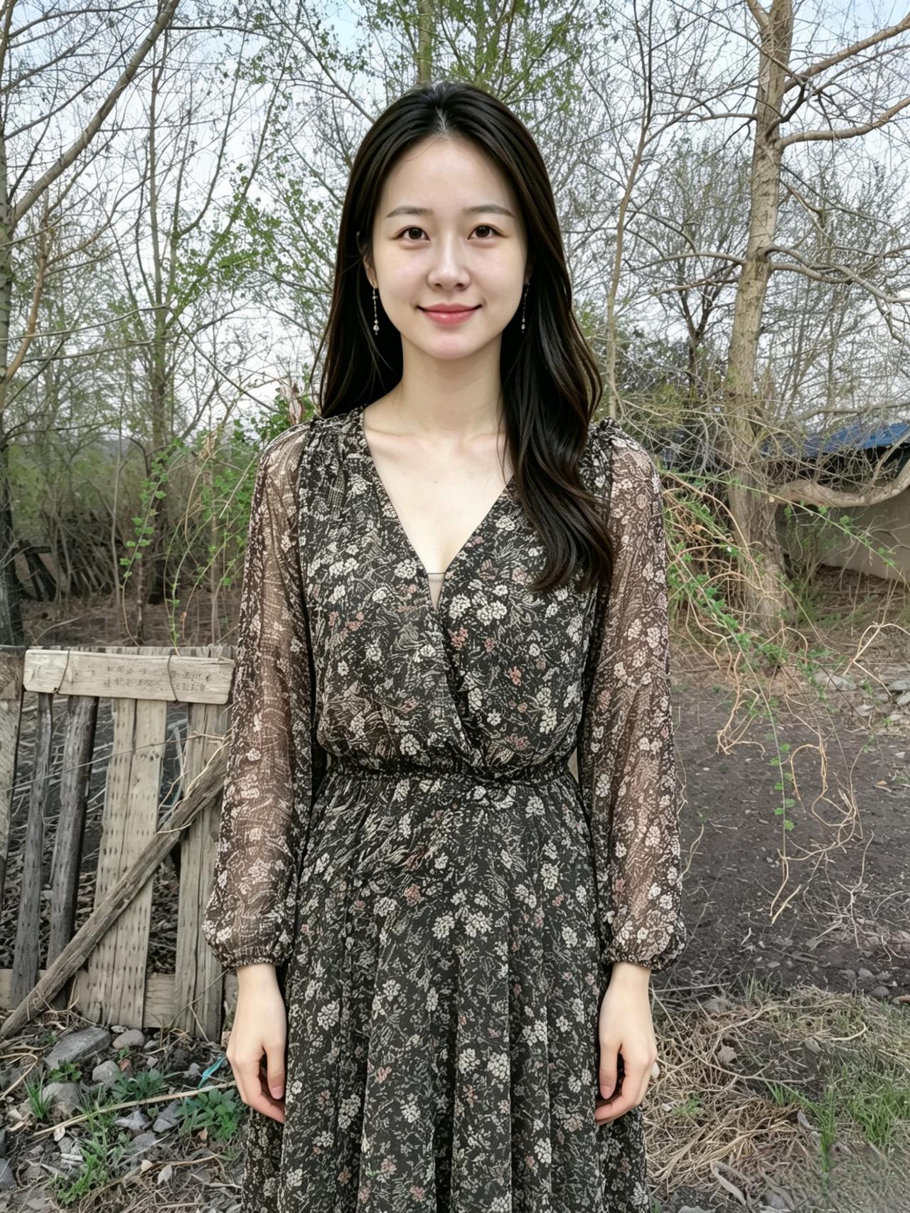 你站在草木刚刚苏醒的晚春碎花裙像一封写给大地的温柔信老墙、木栏、抽芽的枝
