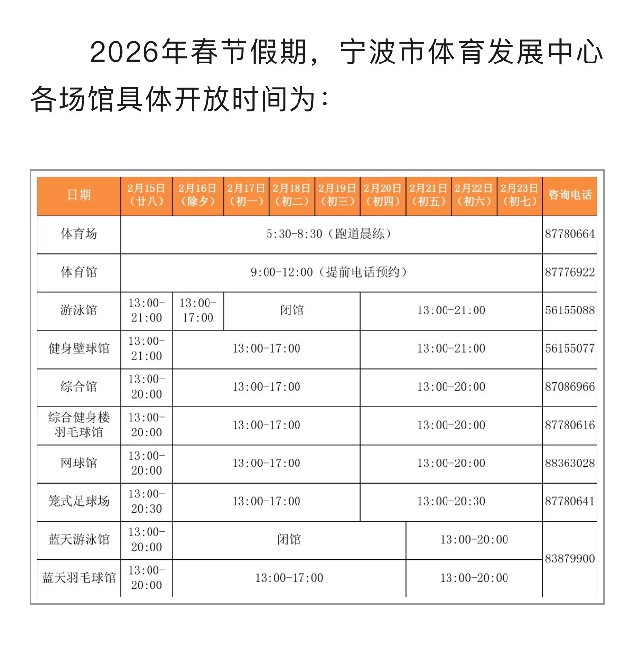 宁波部分免费体育场馆春节假期开放时间公布宁波这些体育场馆，春节假期开放时间公布