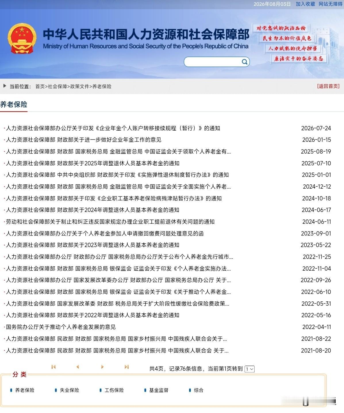 今天是2026年8月3日，截至目前人社部和财政部官网尚未公布2026年养老金全国