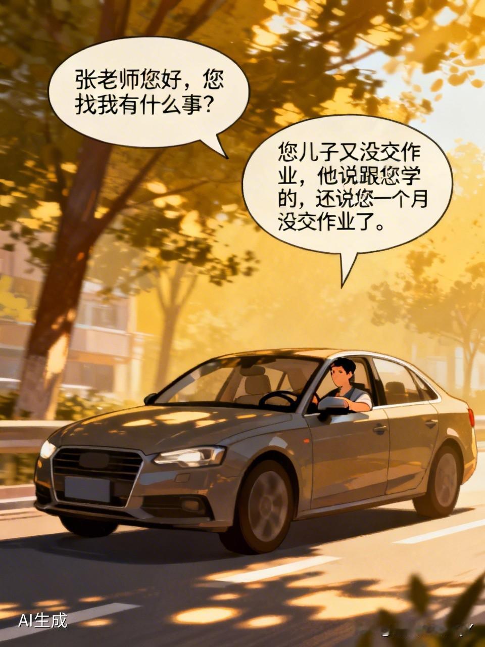 有个男子正开车回家，这时学校老师打来电话，男子赶忙回应：“你好，张老师。”老师