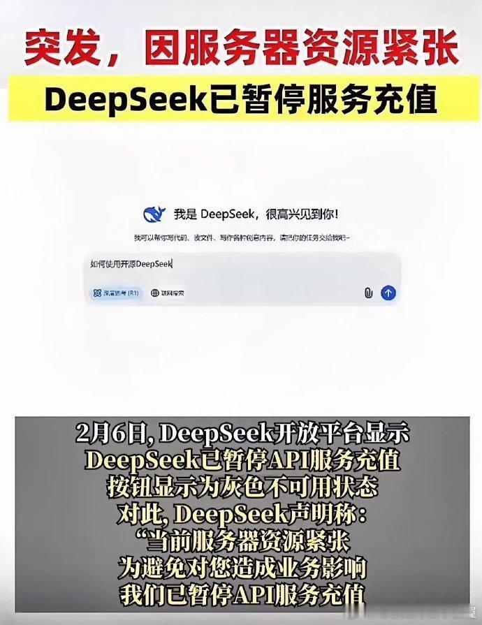 deepseek暂停服务了？还是压力太大了，算力能力有限访问量实在太大，服务器顶