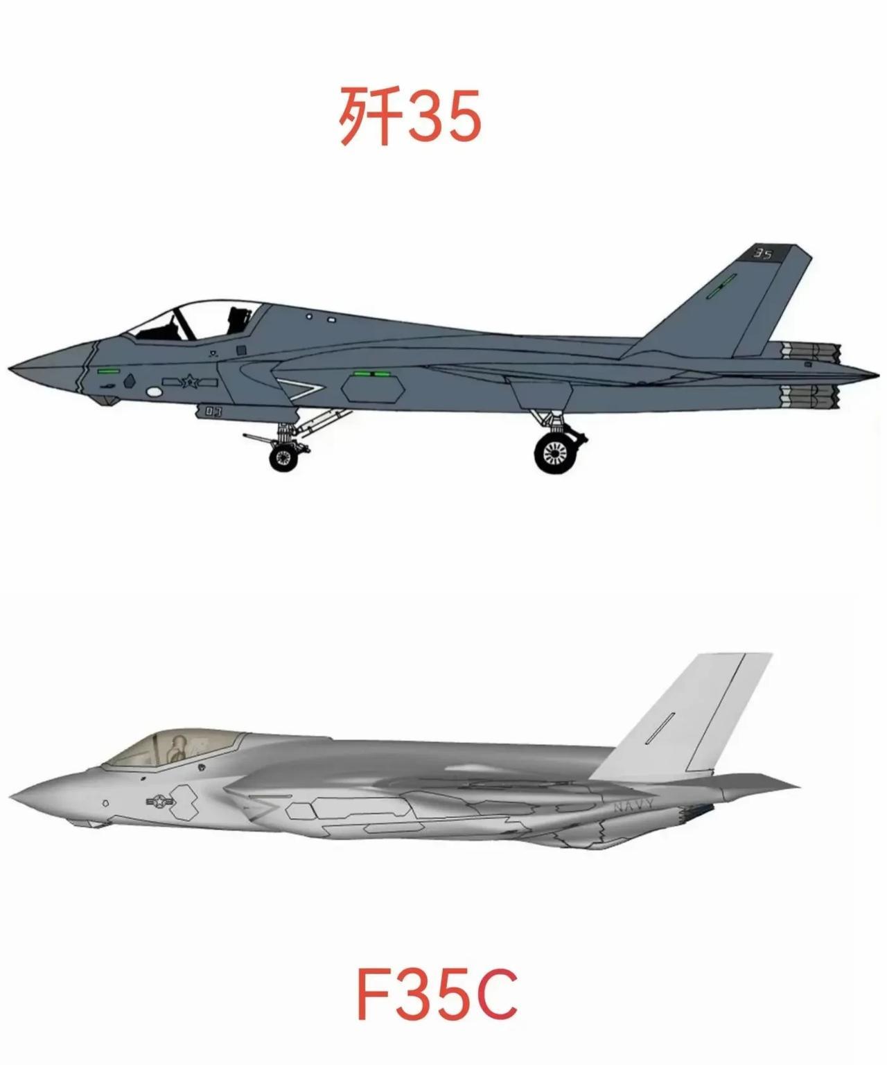 这是中国海军歼35舰载战斗机与美国海军F35C舰载战斗机同尺寸的对比图。大家从